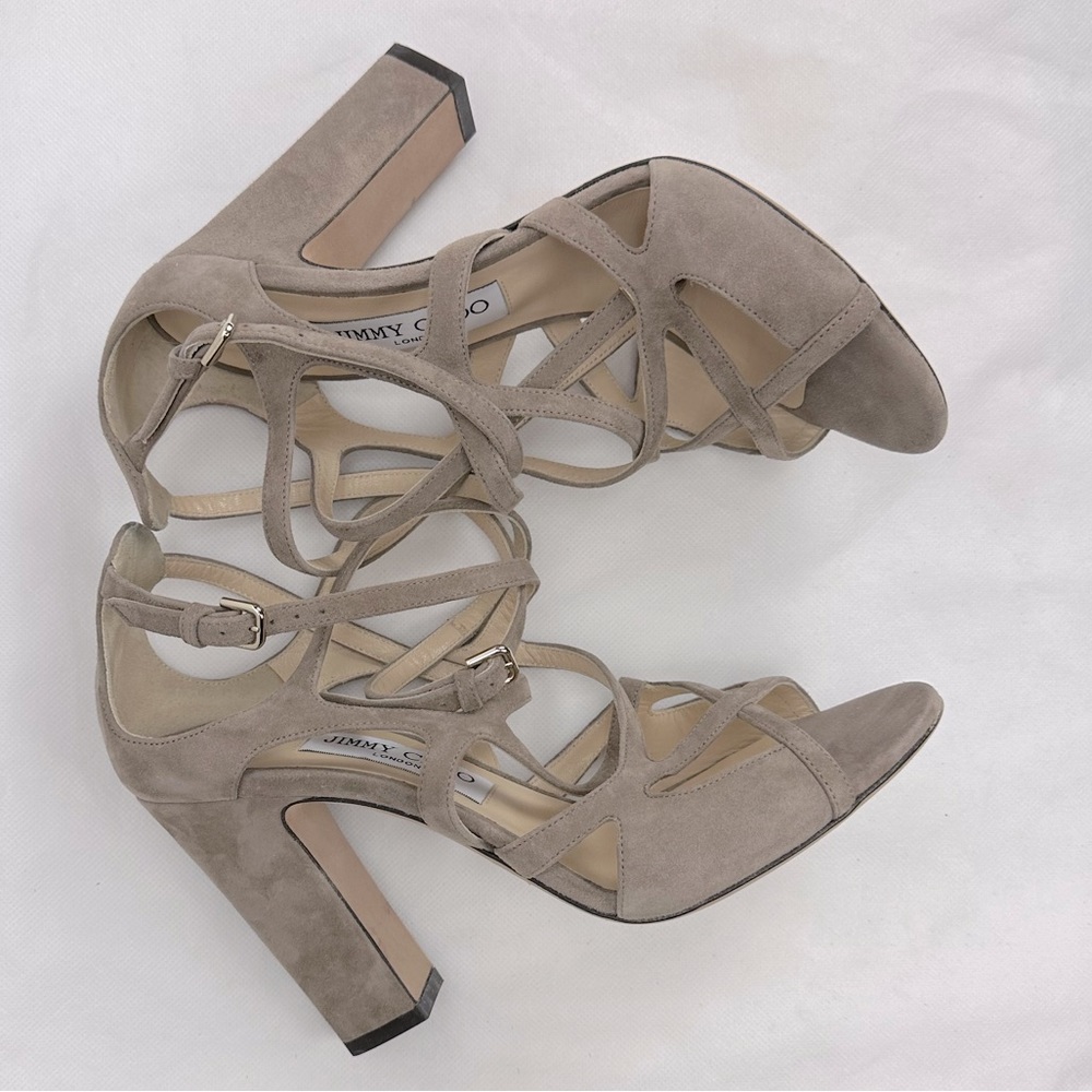 Jimmy Choo Dillan Beige Suede Multi-strap Block Heels Sandals size 38.5 - Picture 6 of 9
